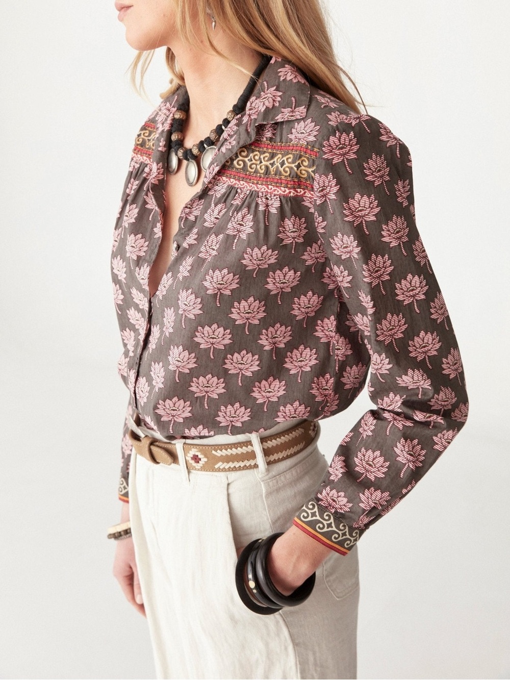 Maison Hotel Cohen Blouse Lotus Mondrian Pink Lotus Print Cotton Boho Western M - Picture 2 of 15